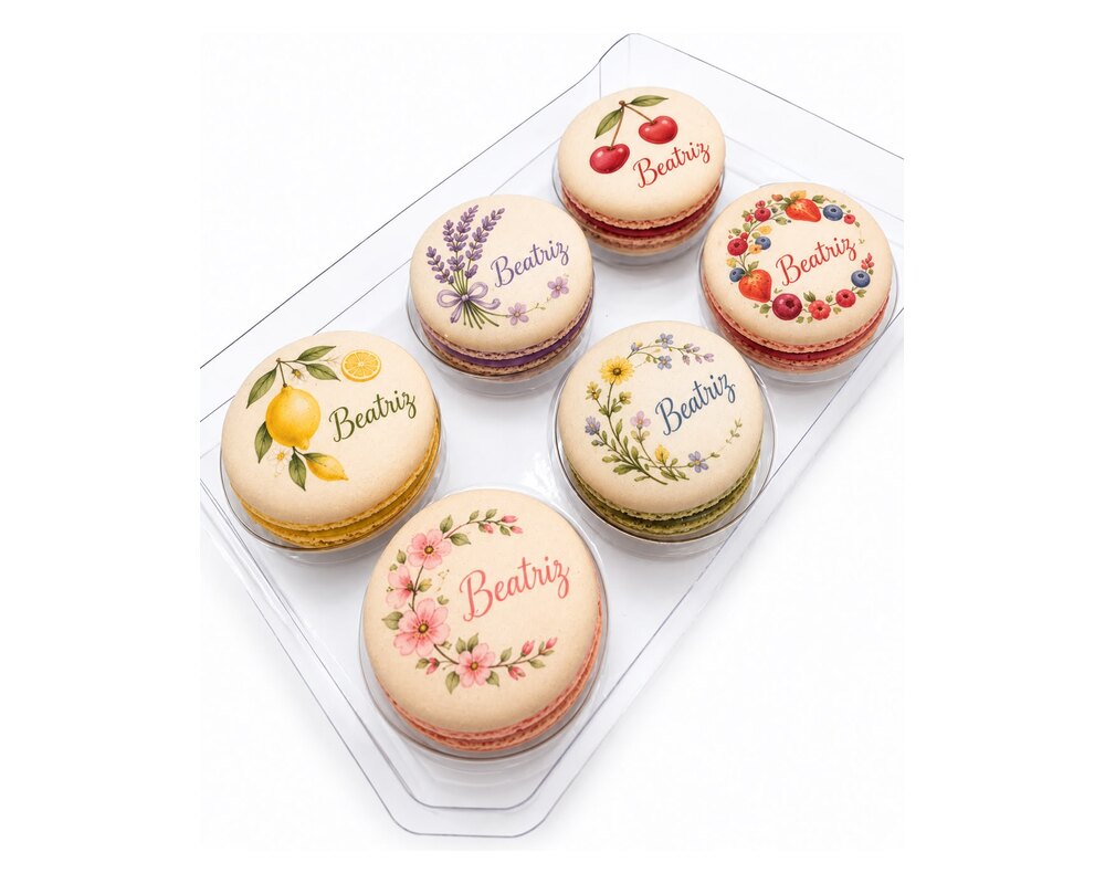 Macaron Art: Nome com flores e frutas